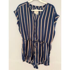 Chaser Striped Romper Blue Tan Button Front Tie Waist Pockets XS